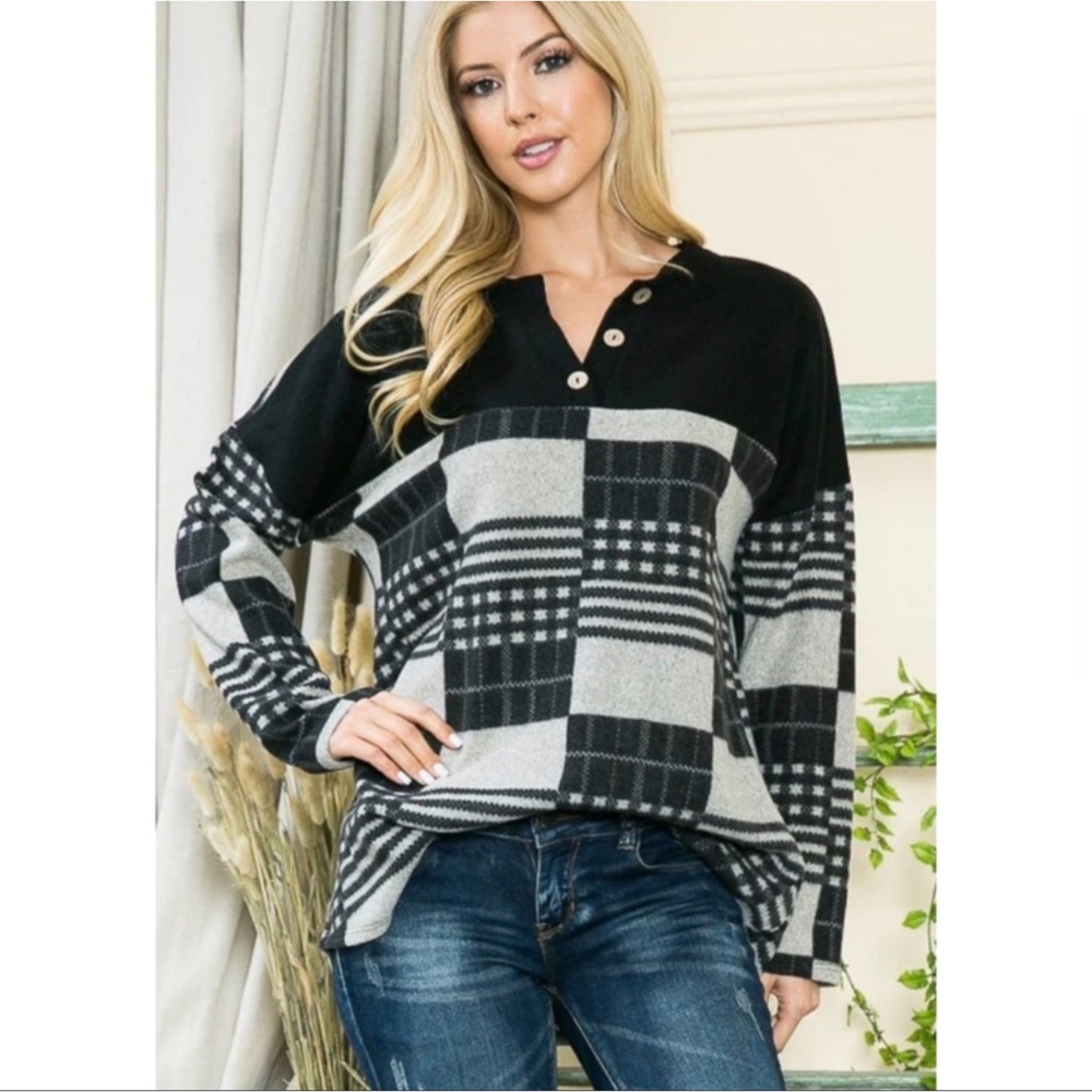 2 LEFT! Brushed Black Plaid Patchwork Top - Picture 3 of 6